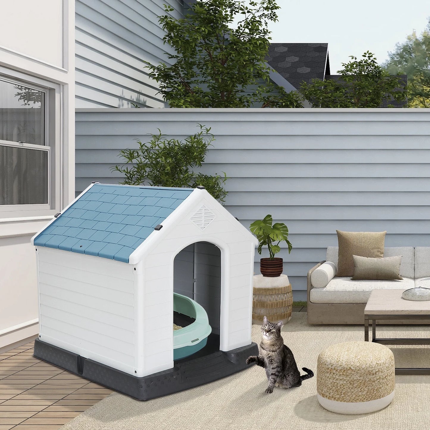 32" Large Dog House Indoor Outdoor Plastic Pet House Waterproof Kennel, White