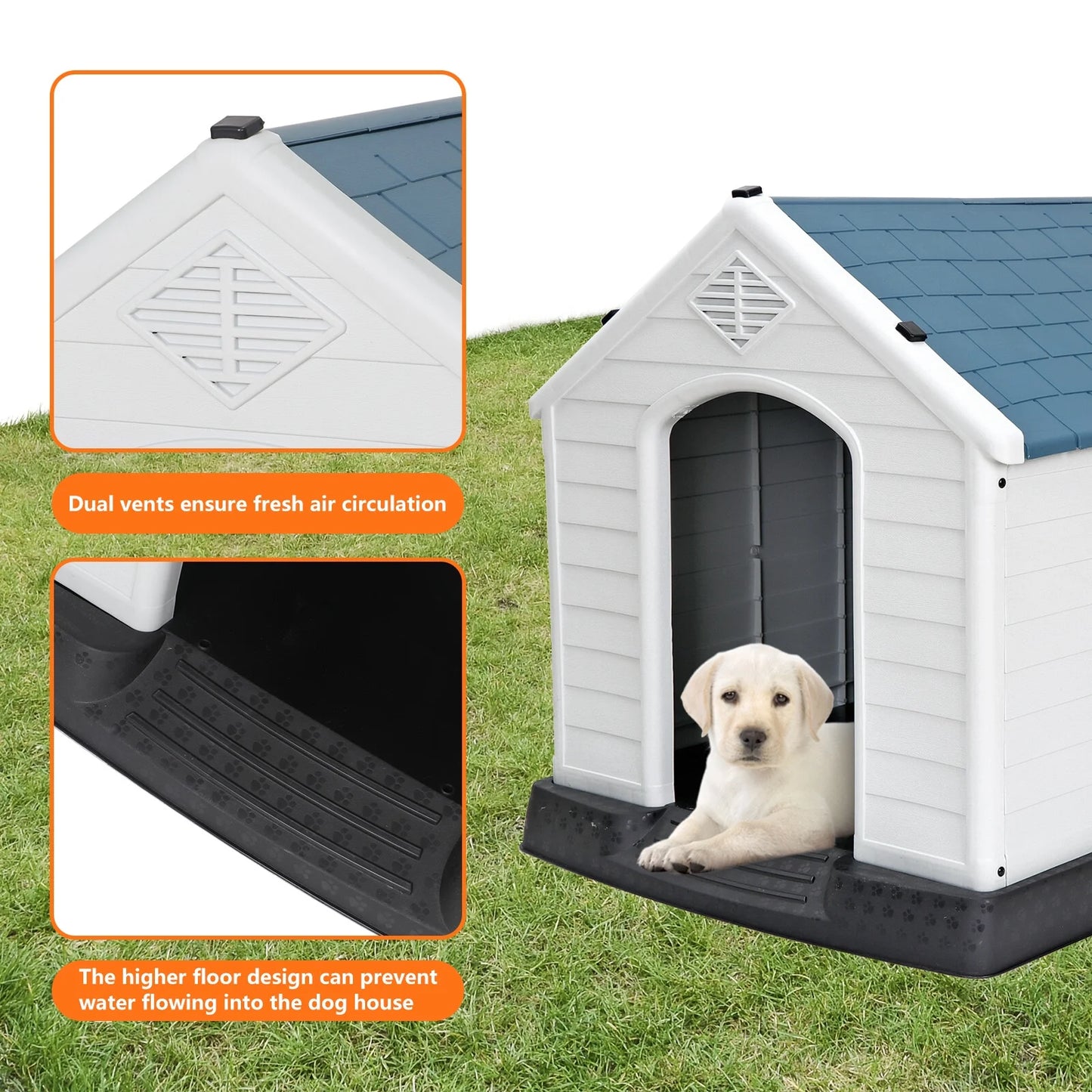 32" Large Dog House Indoor Outdoor Plastic Pet House Waterproof Kennel, White