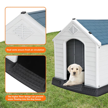 32" Large Dog House Indoor Outdoor Plastic Pet House Waterproof Kennel, White
