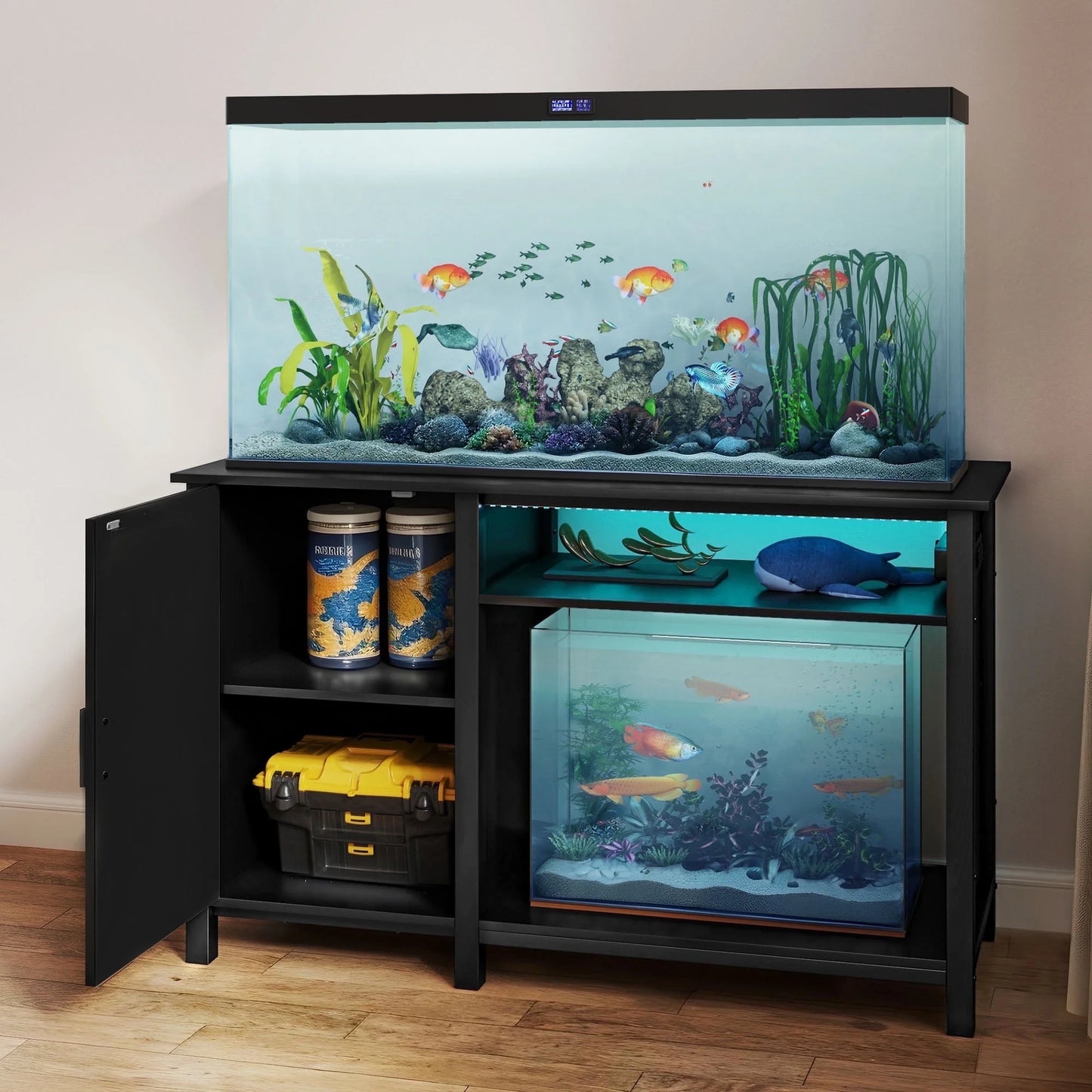 Heavy Duty Aquarium Stand for 55-75 Gallon Fish Tanks, with Additional 20 Gallon Space and RGB Light Strip, Fish Tank Stand with 800 Lbs Capacity, Adjustable Dividers