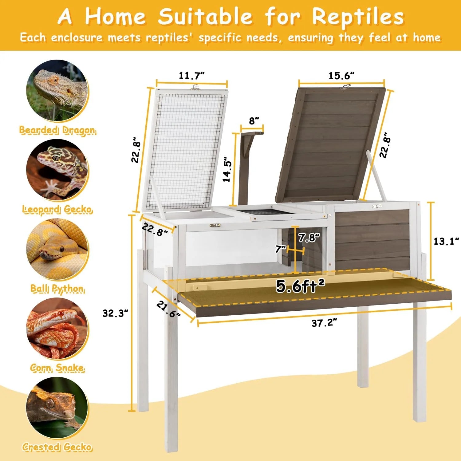 Tortoise Habitat Turtle Enclosure with Detachable Legs, Wooden Indoor Reptile Cage for Small Animals with Leakproof Tray