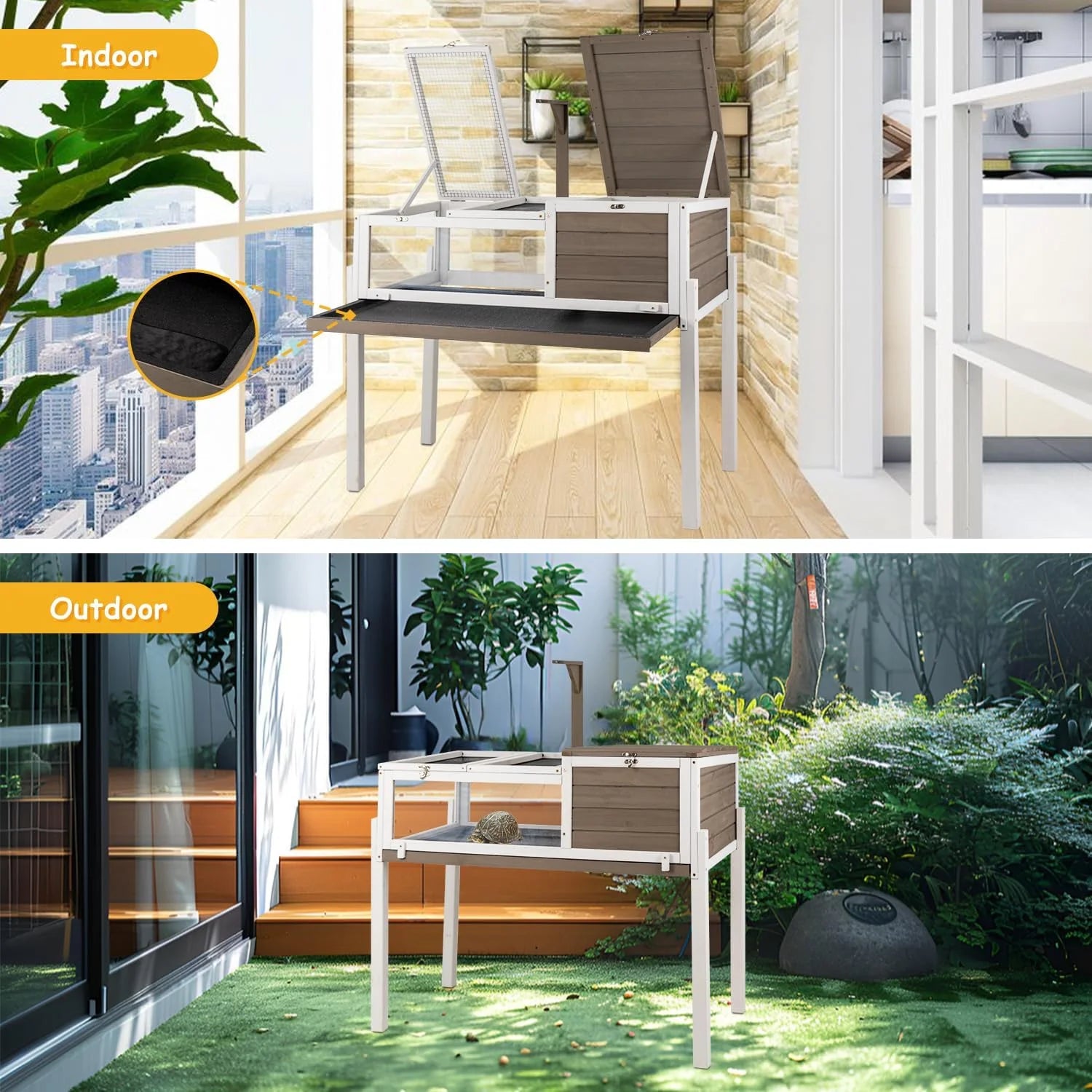 Tortoise Habitat Turtle Enclosure with Detachable Legs, Wooden Indoor Reptile Cage for Small Animals with Leakproof Tray