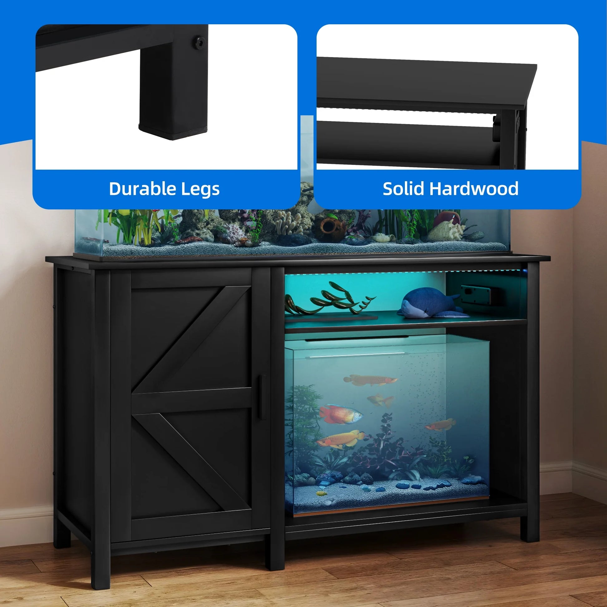 Heavy Duty Aquarium Stand for 55-75 Gallon Fish Tanks, with Additional 20 Gallon Space and RGB Light Strip, Fish Tank Stand with 800 Lbs Capacity, Adjustable Dividers