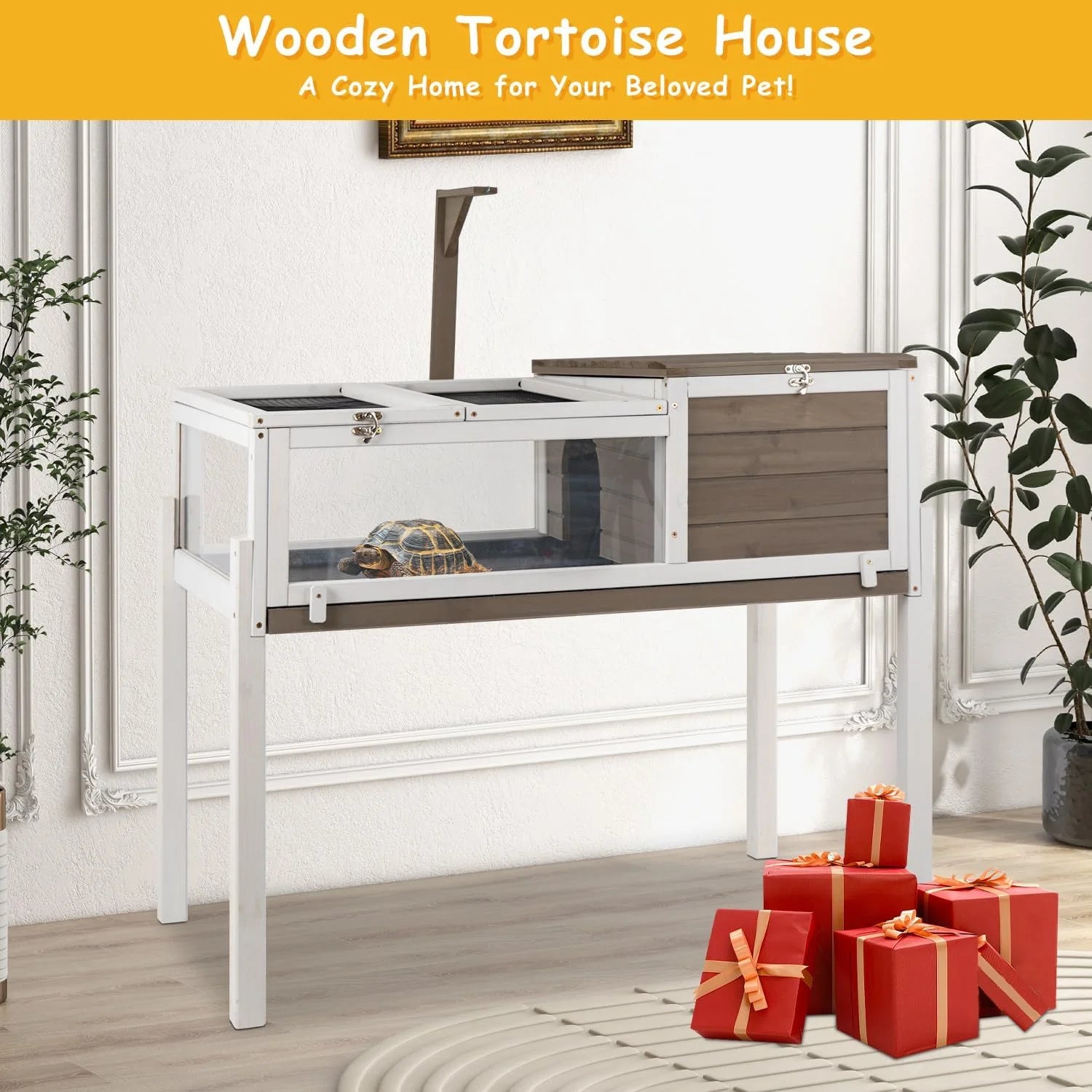 Tortoise Habitat Turtle Enclosure with Detachable Legs, Wooden Indoor Reptile Cage for Small Animals with Leakproof Tray