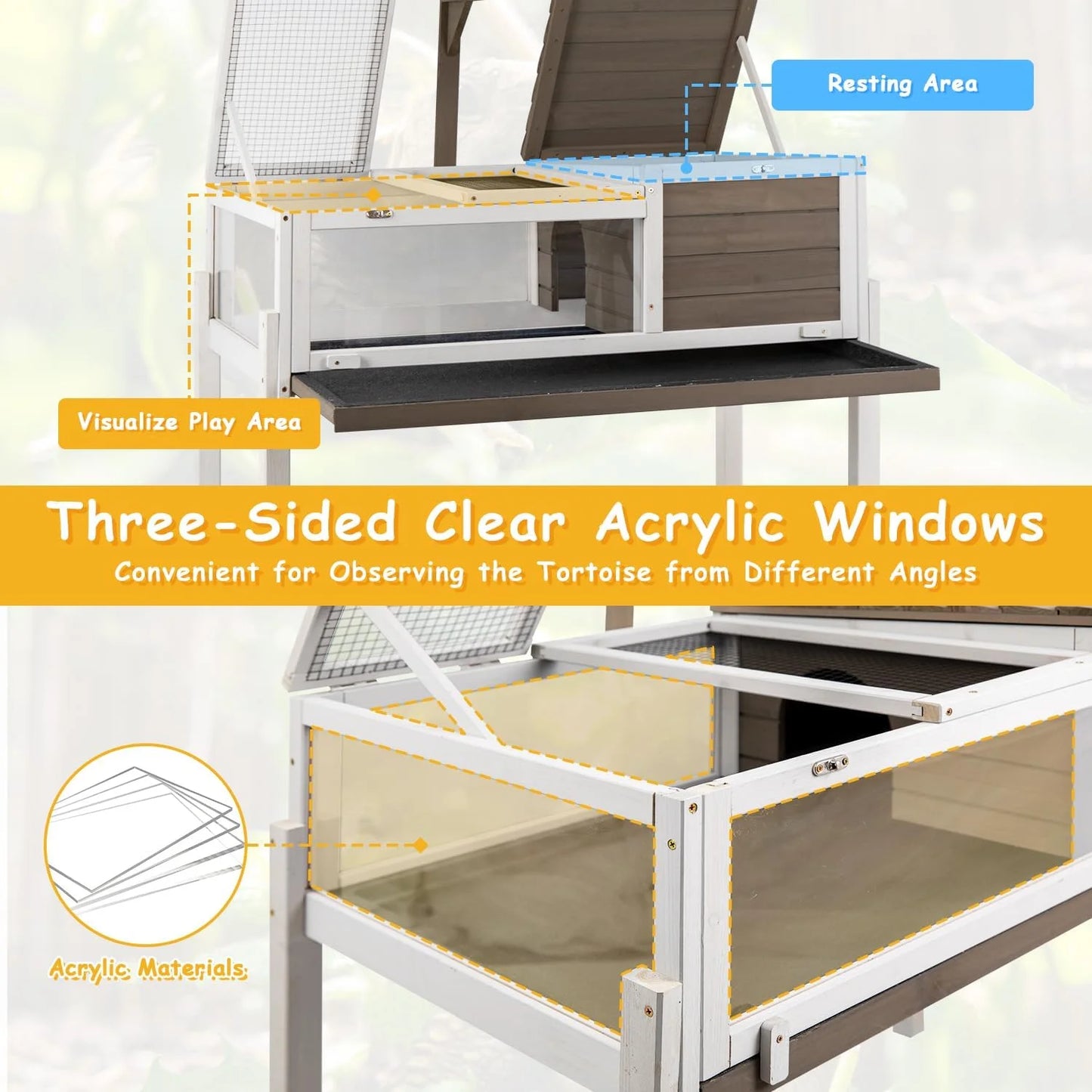 Tortoise Habitat Turtle Enclosure with Detachable Legs, Wooden Indoor Reptile Cage for Small Animals with Leakproof Tray
